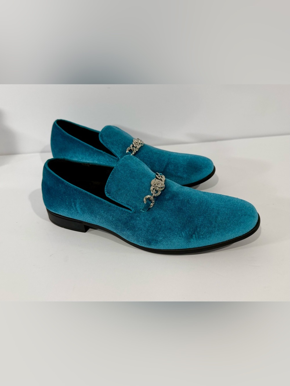 Amali Lynx Men's Blue Velvet Slip-On Dress Loafer w/Chain Detail Shoes US 10.5
